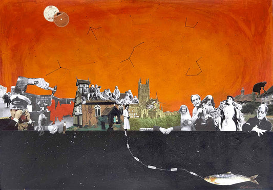 Collage with people and buildings against an orange and black background