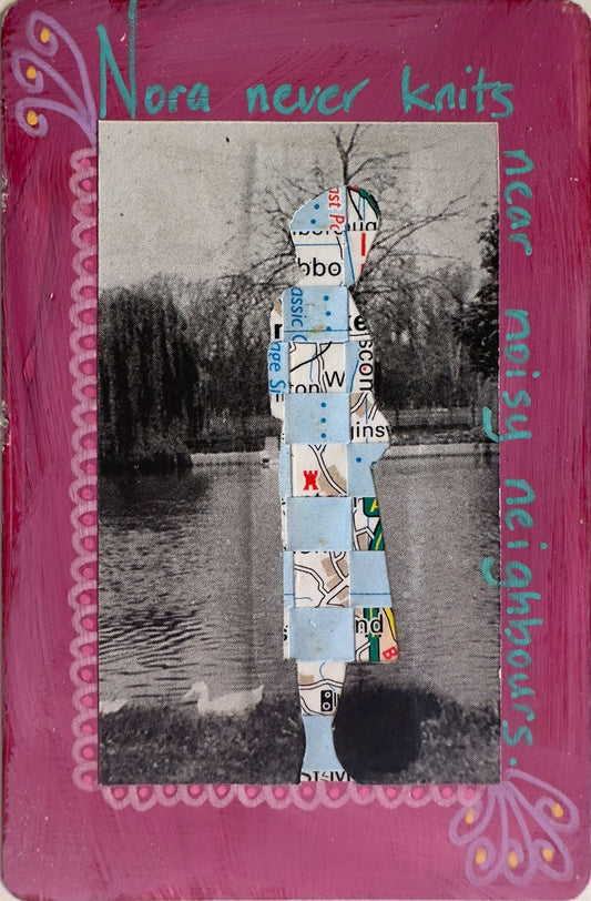 Collage with text and a small figure near a lake, framed by decorative pink border.