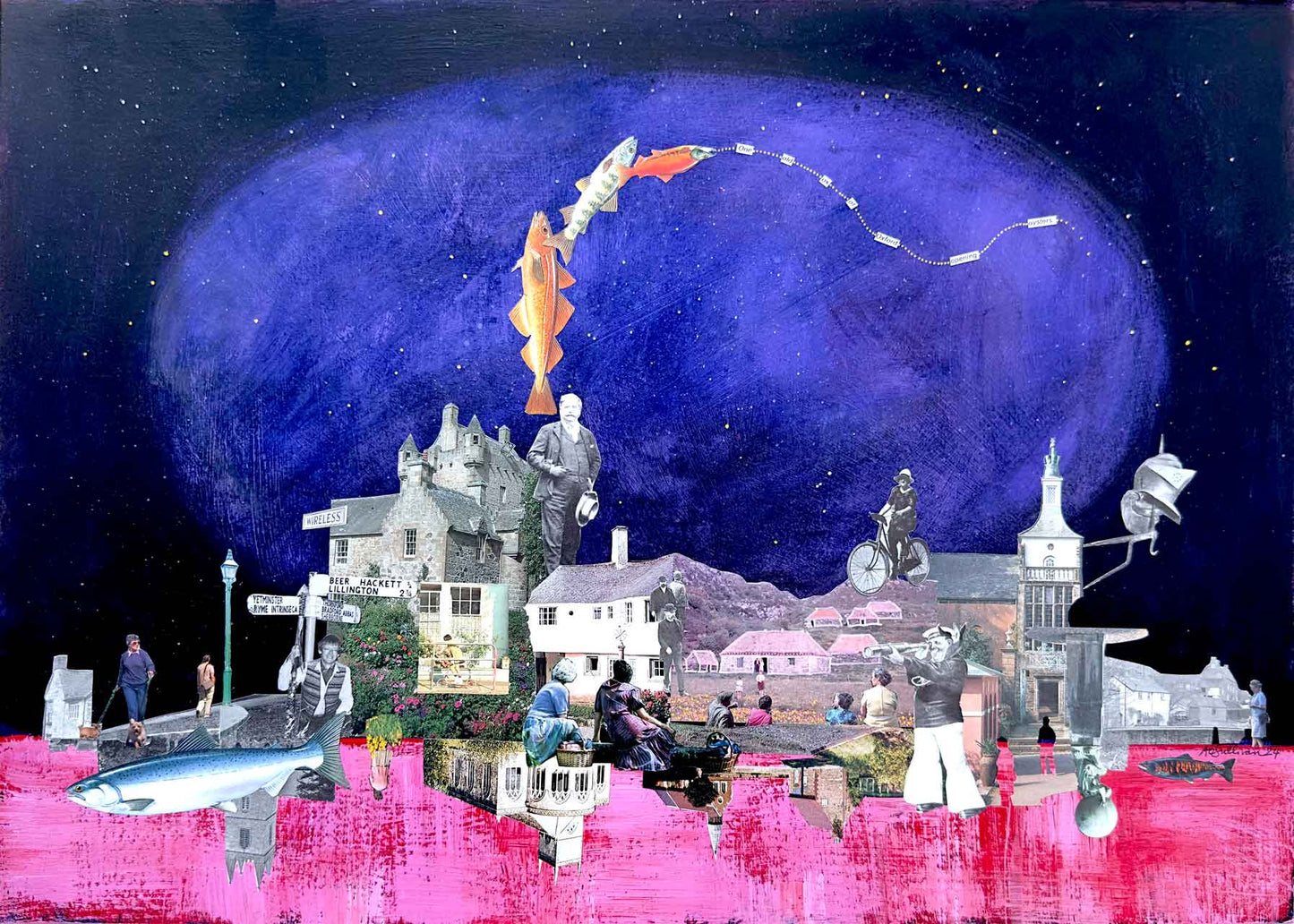 Collage of people in a town with a large blue planet and fish in the sky.