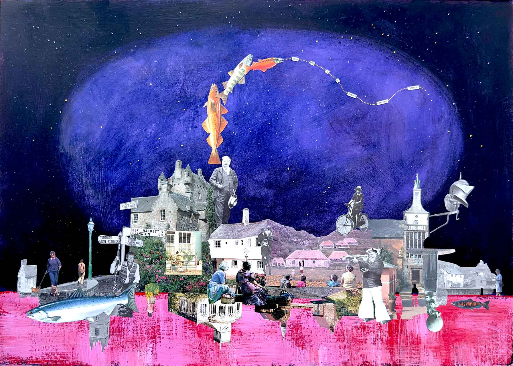 Collage of people in a town with a large blue planet and fish in the sky.