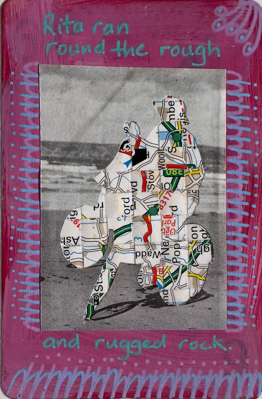 Collage art with a fox made from newspaper clippings on a pink border with text.