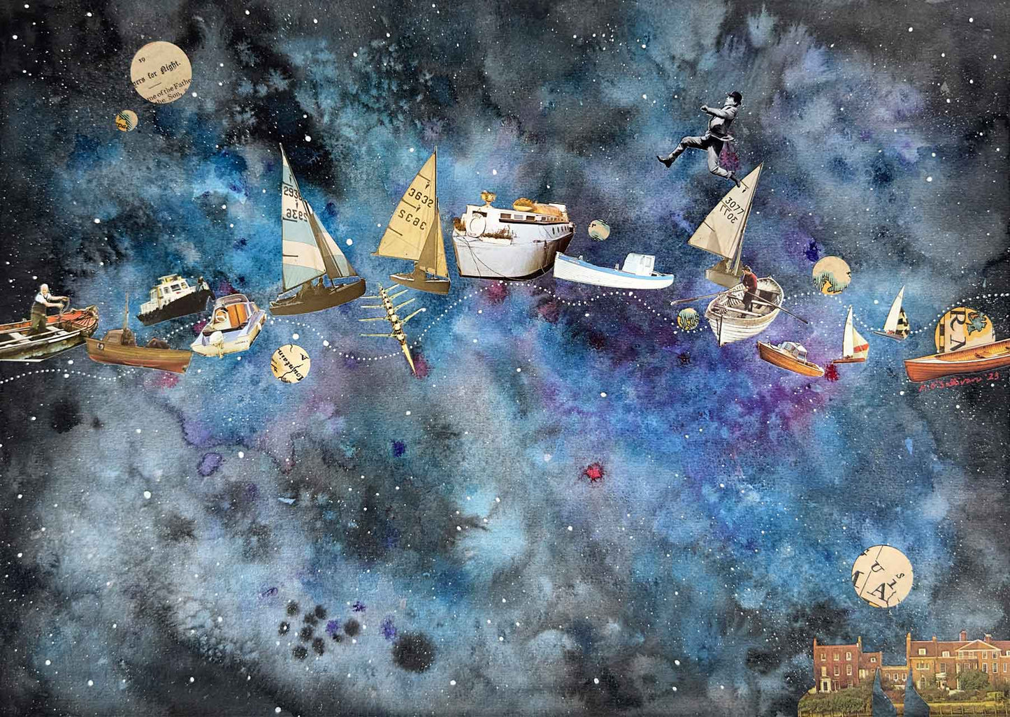 Artistic depiction of sailboats and people against a cosmic background