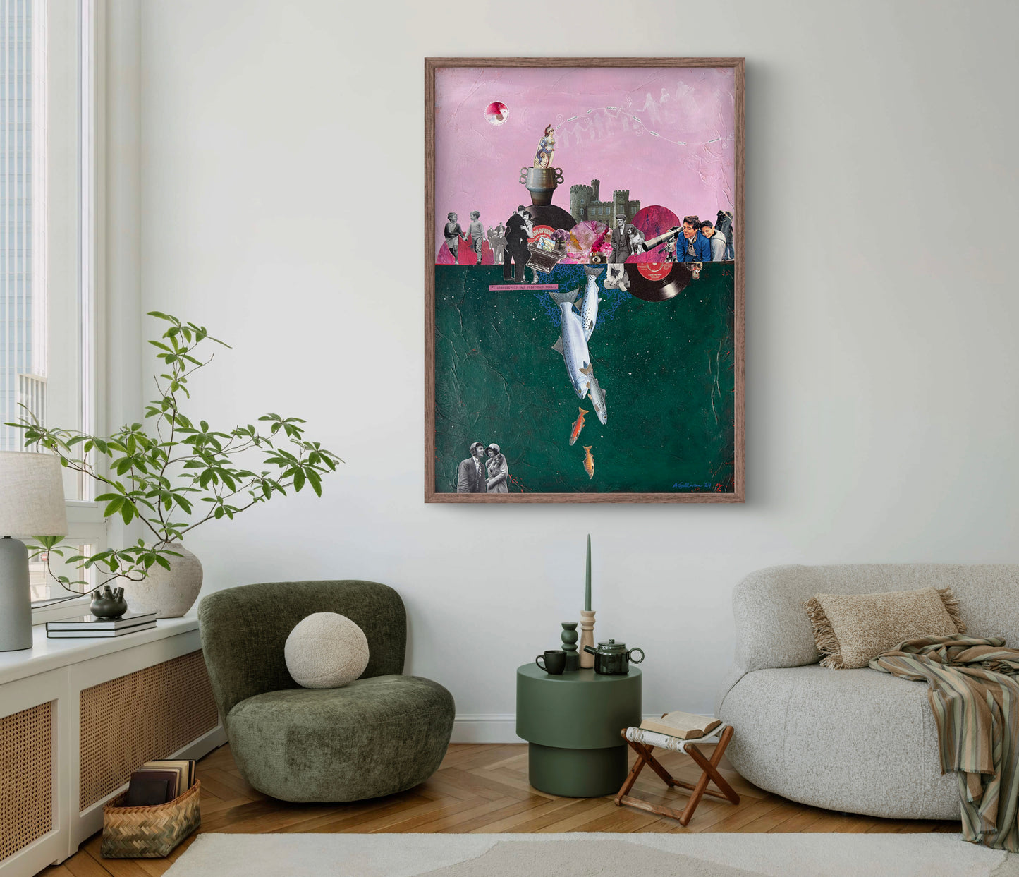 Living room with a colorful abstract painting on the wall, green chair, and gray sofa.