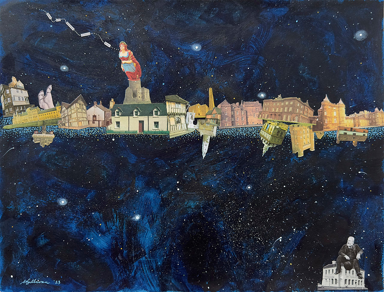 Collage of buildings floating in space.