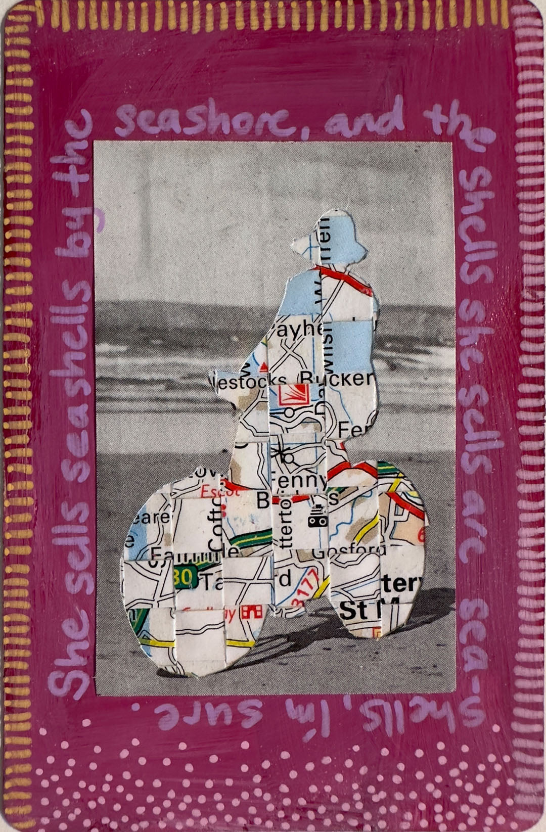 Collage of a snowman made from cut-out newspaper clippings with text around it.