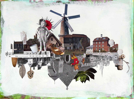 Collage with windmill, buildings, and various elements on a white background