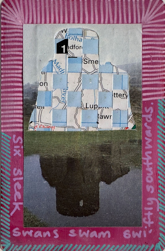 Collage with text and abstract shapes on a pink and blue striped background