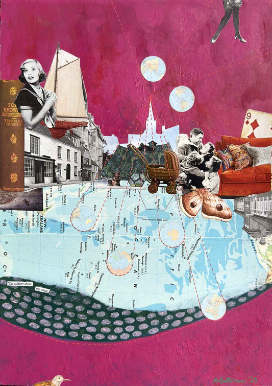 Collage art with various elements including a map, people, and objects on a pink background.