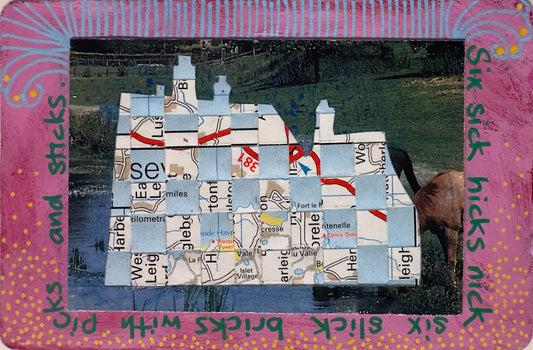 Collage with map pieces and text on a pink border