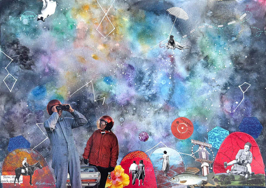 Collage of people in various poses with a colorful, abstract background