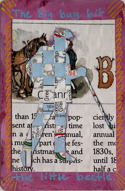 Collage art with newspaper clippings and text on a colorful border