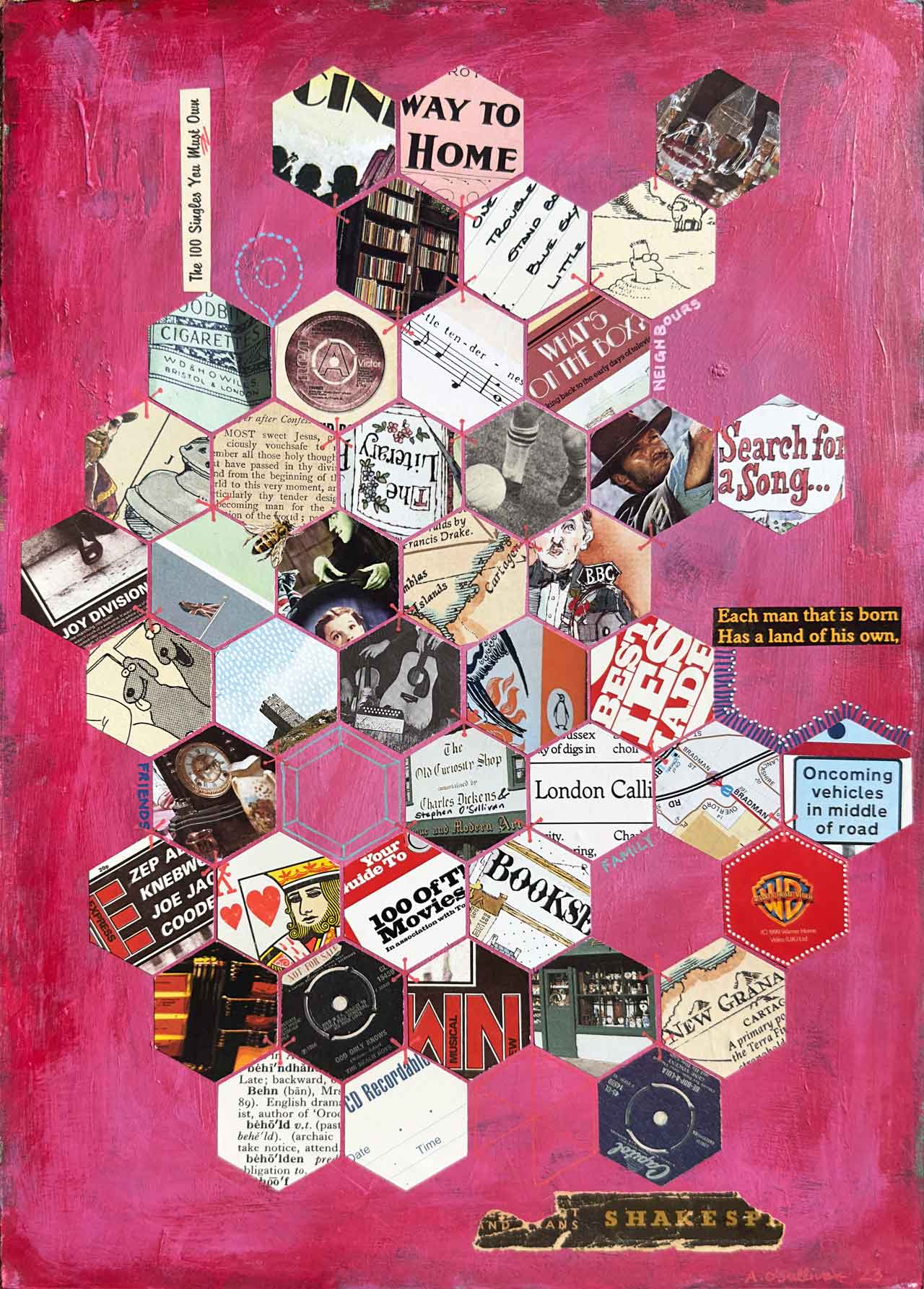 Collage of vintage record labels and text on a pink background