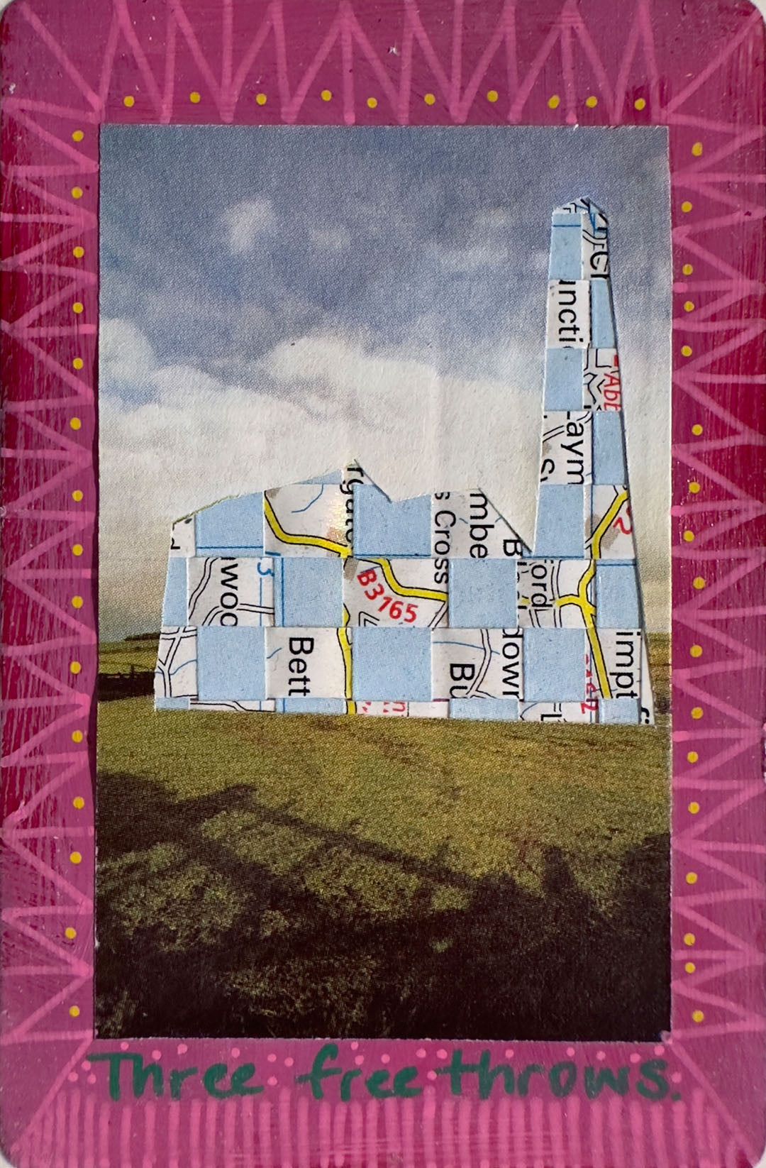 Collage art with geometric shapes and text on a pink border