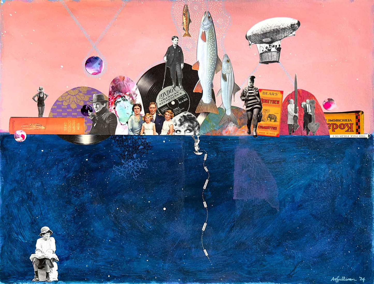Collage with various elements including people, animals, and objects on a pink and blue background.