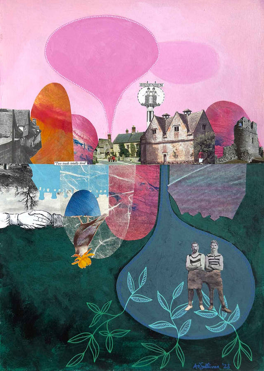 Collage art with abstract shapes, buildings, and two people in a bottle.