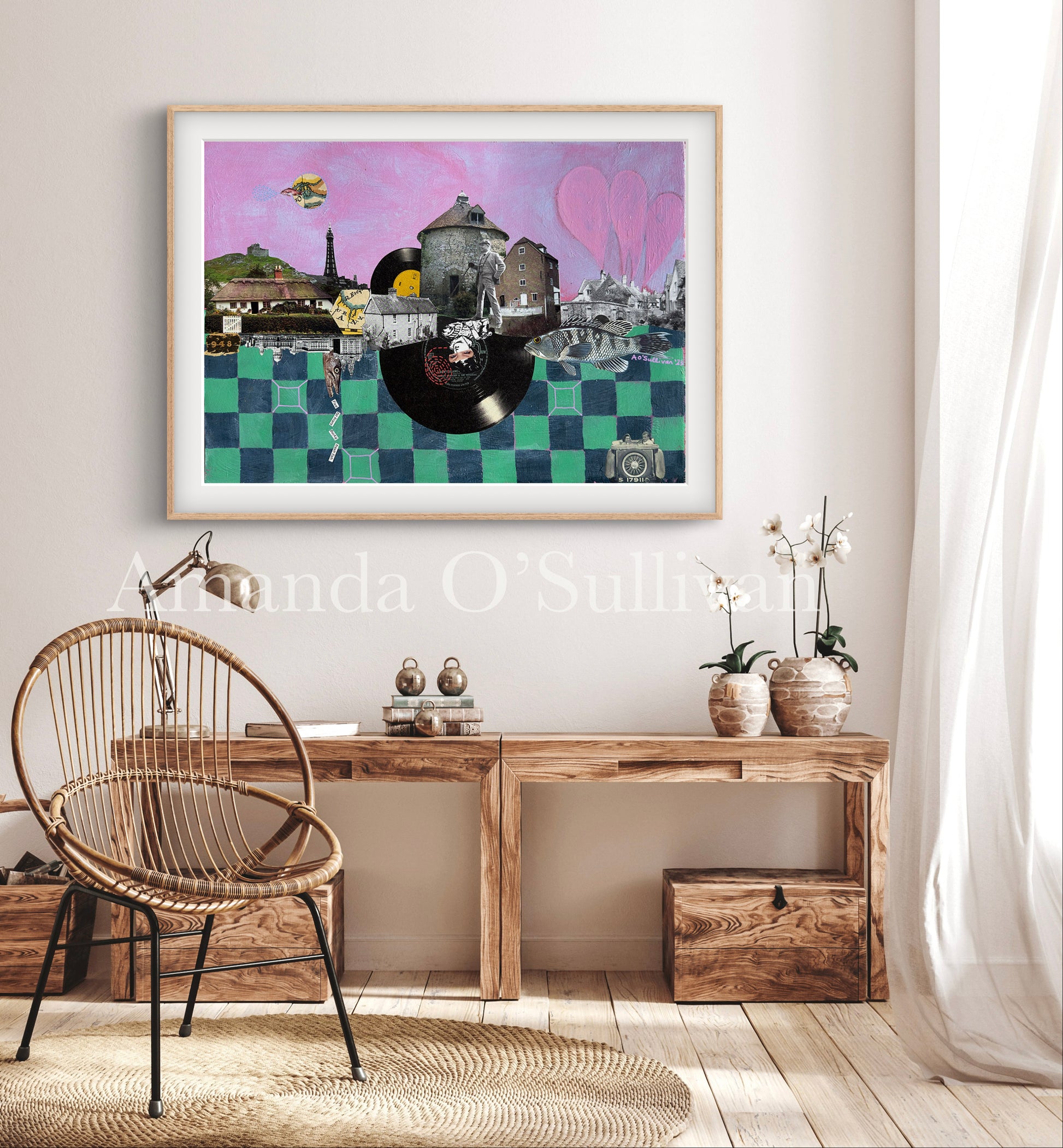 Decorative interior with a framed artwork on the wall, wooden desk, and chair.