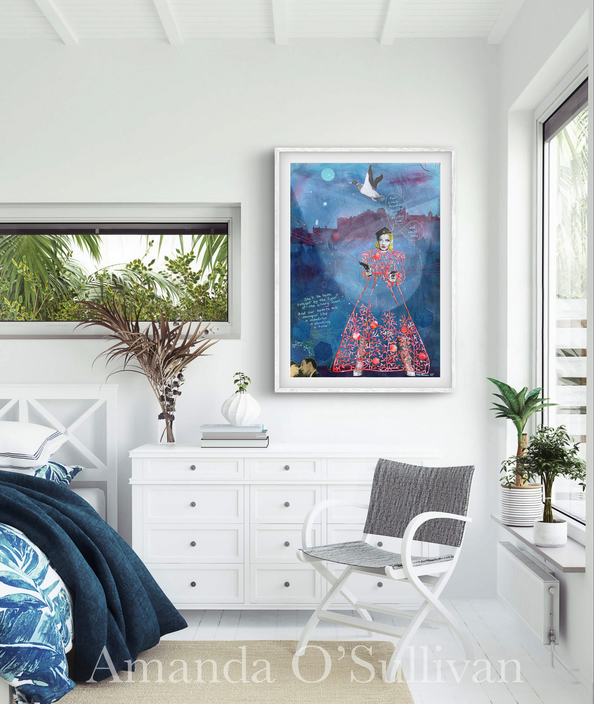 Modern bedroom with white dresser, framed artwork, and decorative plants.