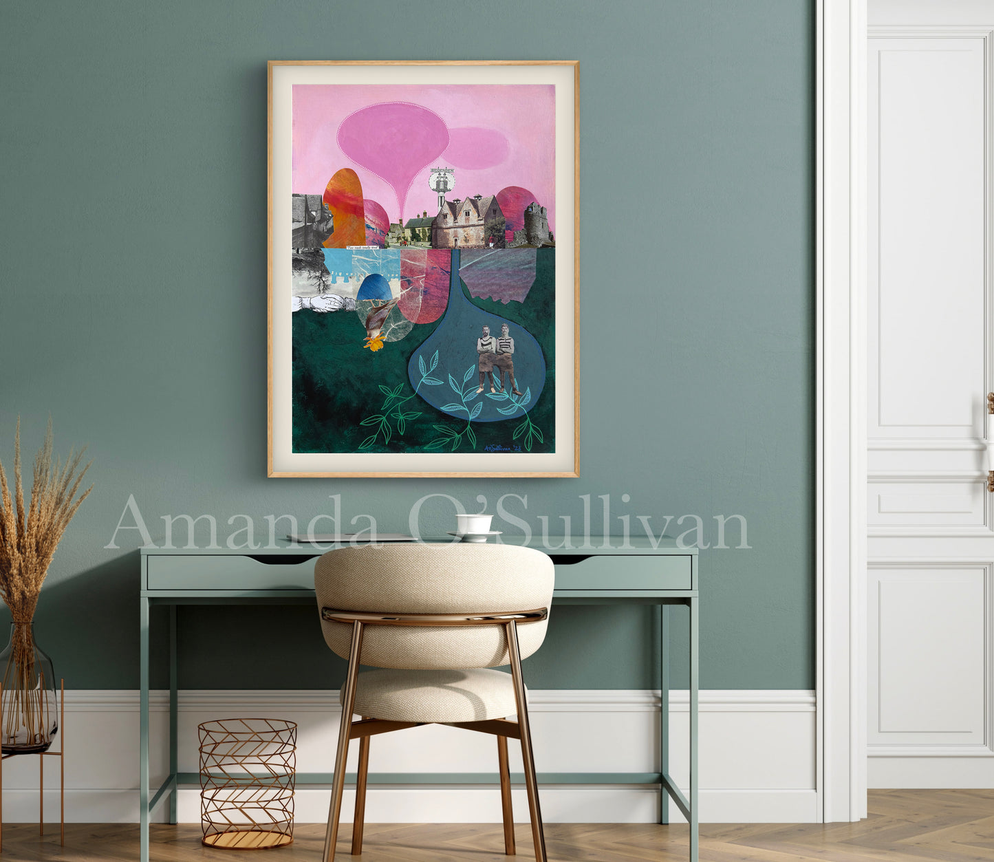 Colorful abstract art on a wall above a desk with a chair.