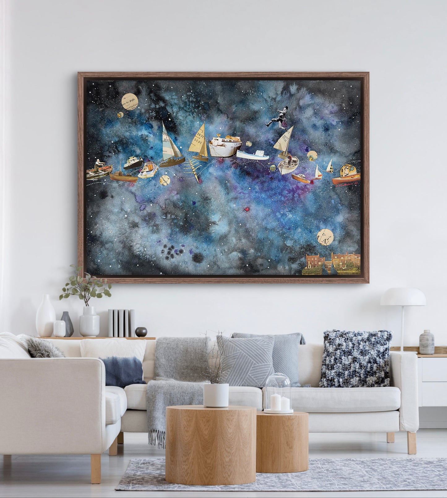 Framed abstract artwork in a living room setting with a sofa and coffee table.