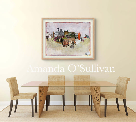 Dining room setup with a table and chairs, featuring a framed artwork on the wall.
